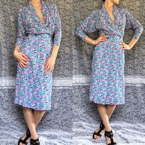 Vtg. Floral High Waist Dress Mid Length Small